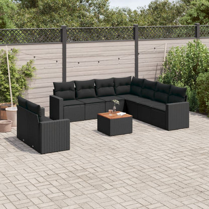 Salon de jardin 10 pcs avec coussins noir résine tressée