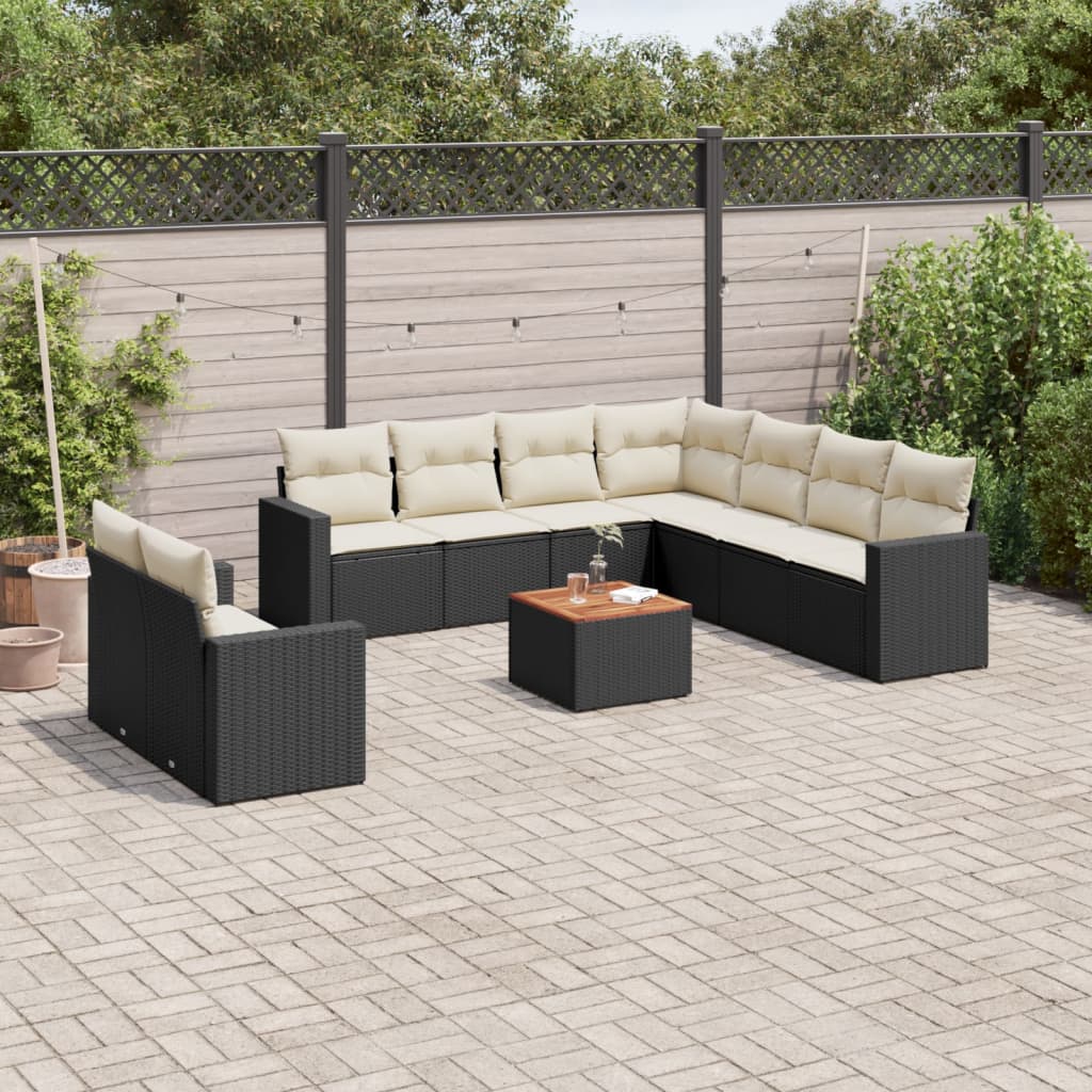 Salon de jardin 10 pcs avec coussins noir résine tressée