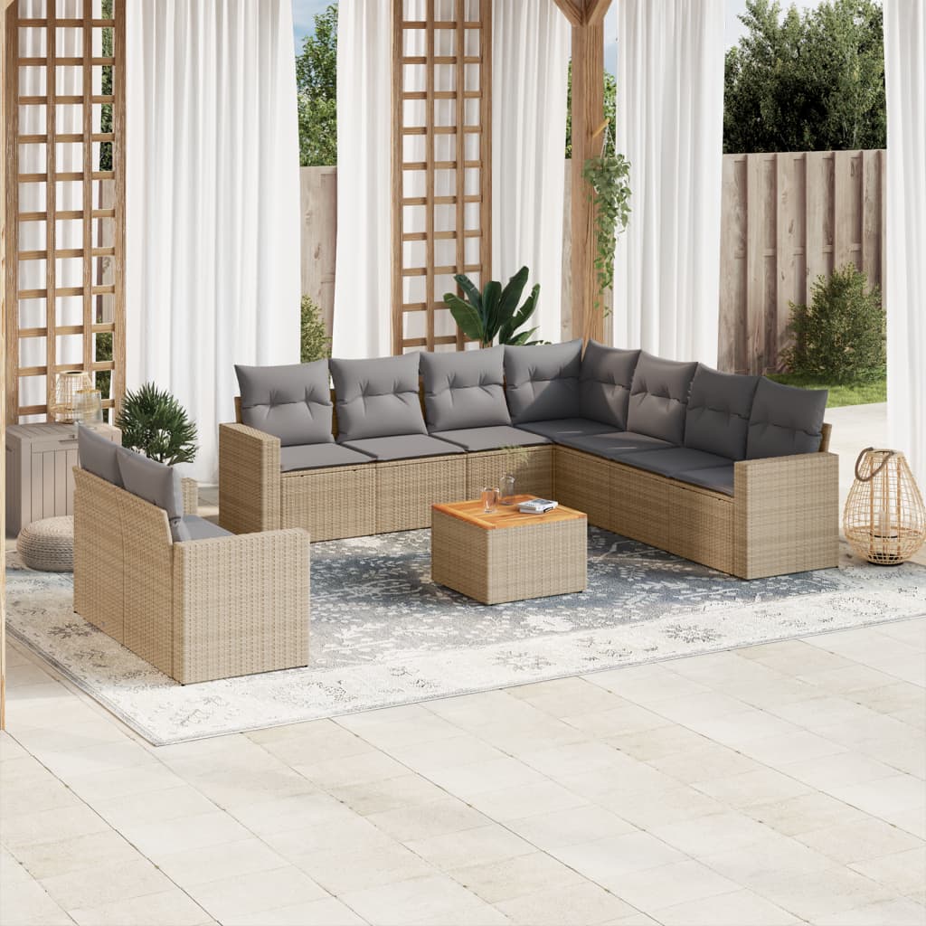 Salon de jardin et coussins 10 pcs mélange beige résine tressée