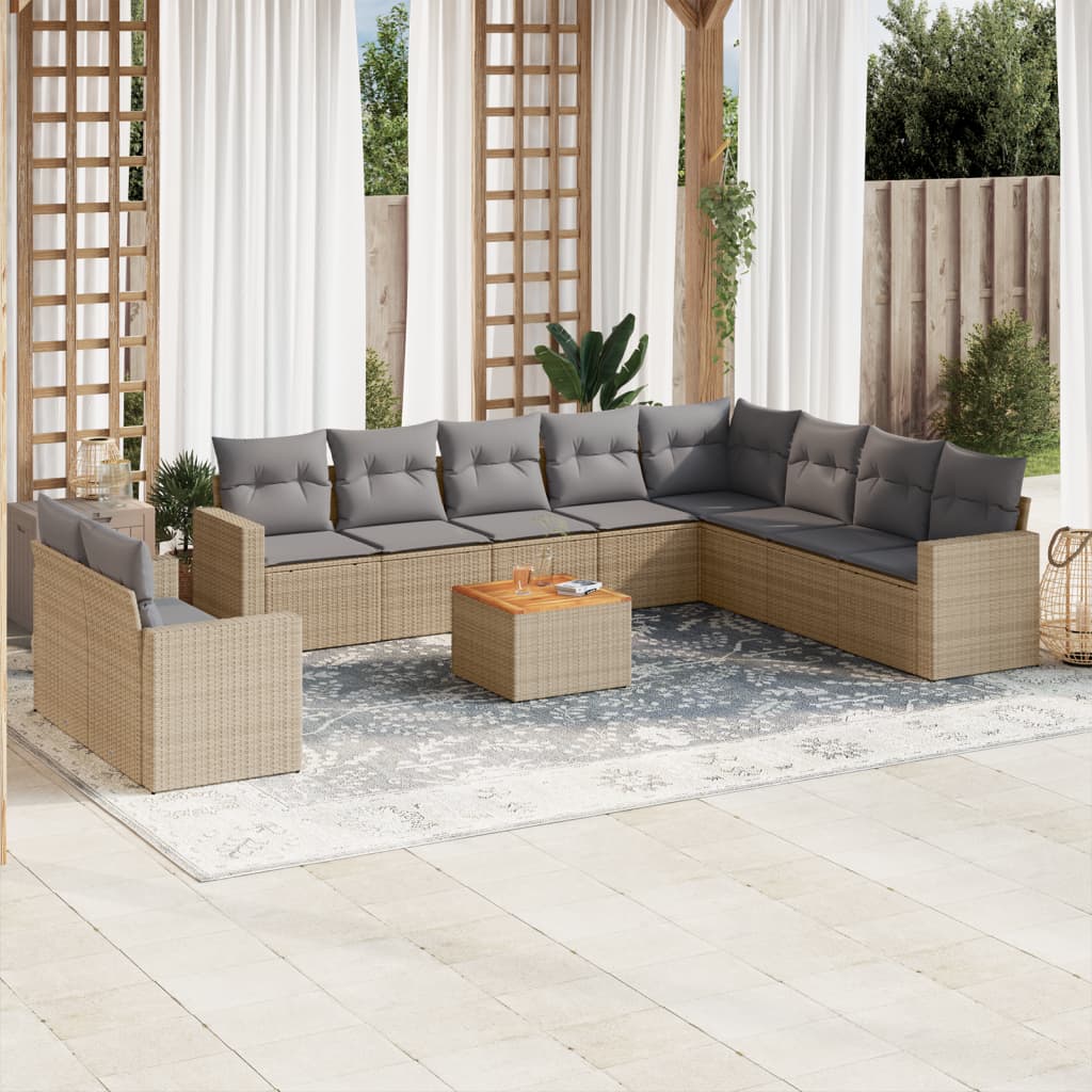 Salon de jardin et coussins 11 pcs mélange beige résine tressée