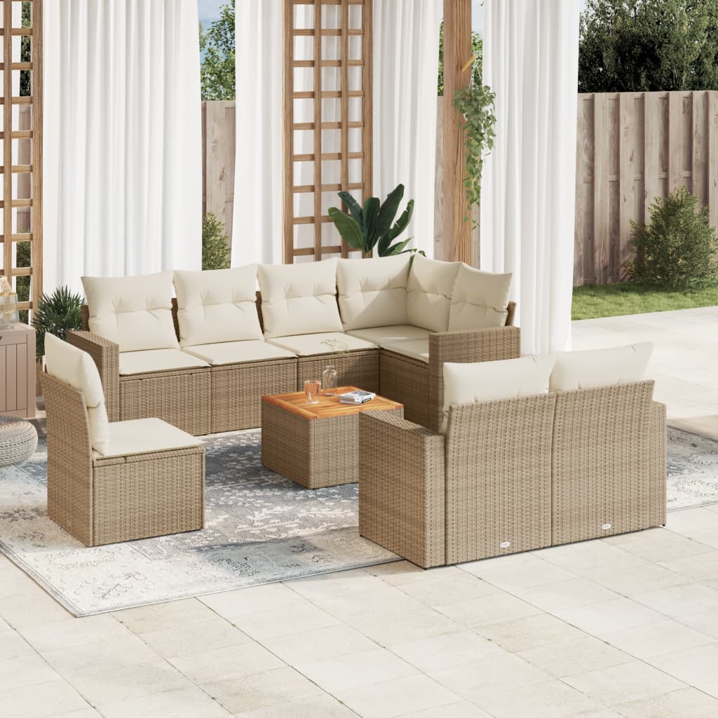 Salon de jardin avec coussins 9 pcs beige résine tressée