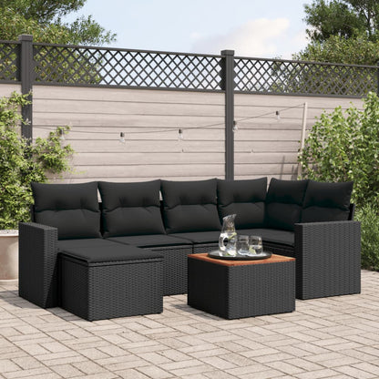 Salon de jardin 7 pcs avec coussins noir résine tressée