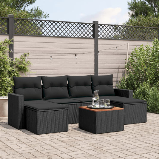 Salon de jardin 7 pcs avec coussins noir résine tressée