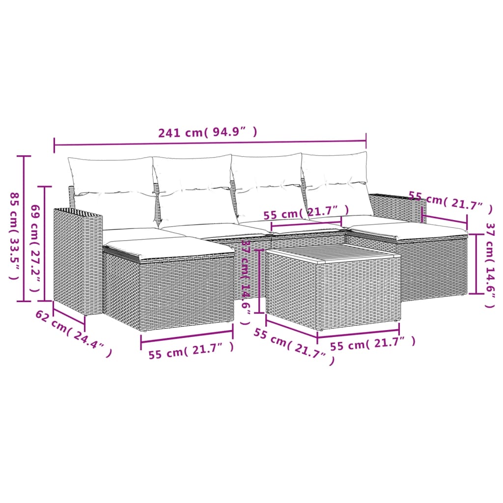 Salon de jardin avec coussins 7 pcs gris résine tressée