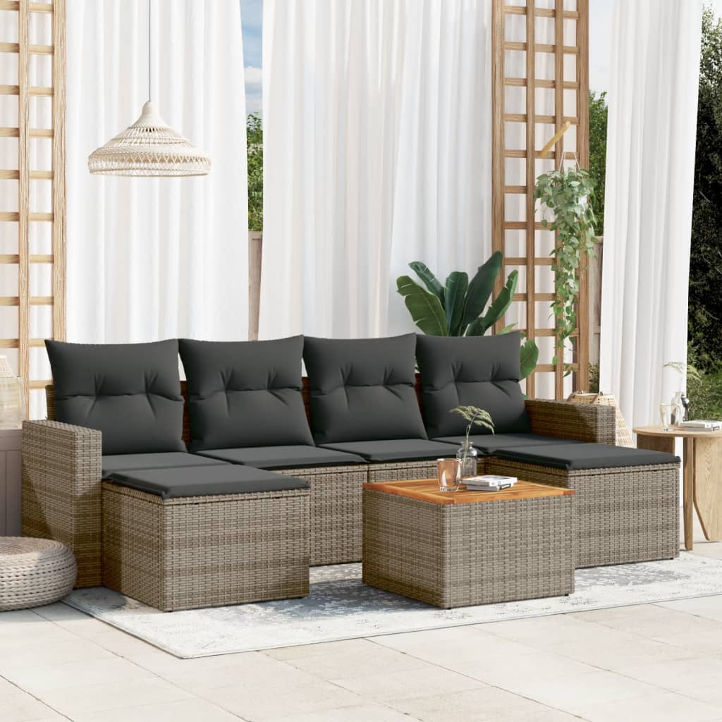 Salon de jardin avec coussins 7 pcs gris résine tressée