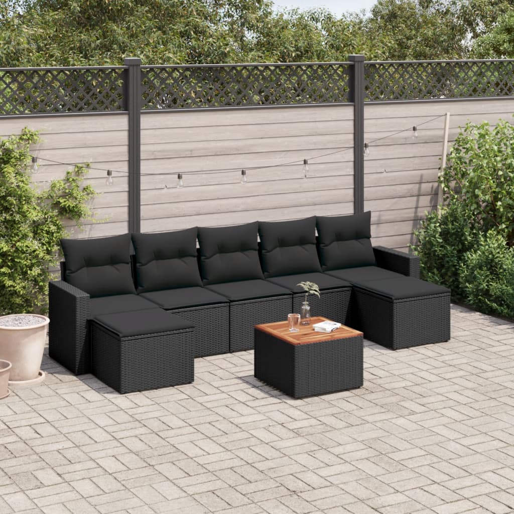 Salon de jardin 8 pcs avec coussins noir résine tressée