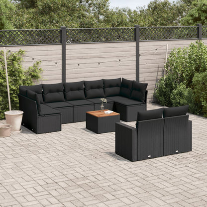 Salon de jardin 10 pcs avec coussins noir résine tressée