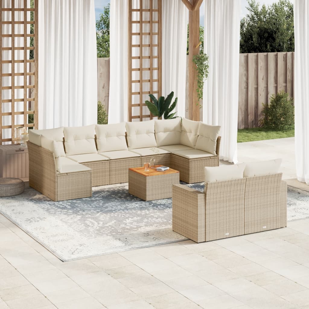 Salon de jardin avec coussins 10 pcs beige résine tressée