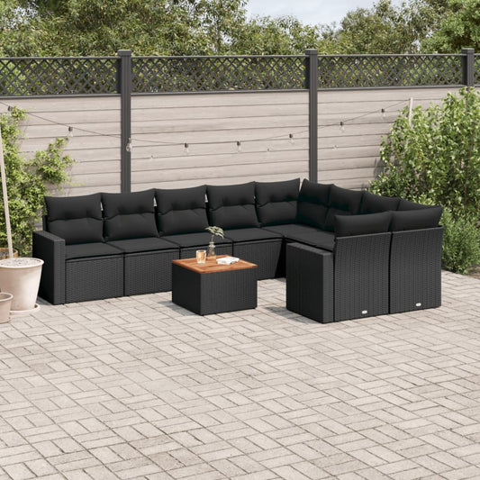 Salon de jardin 10 pcs avec coussins noir résine tressée