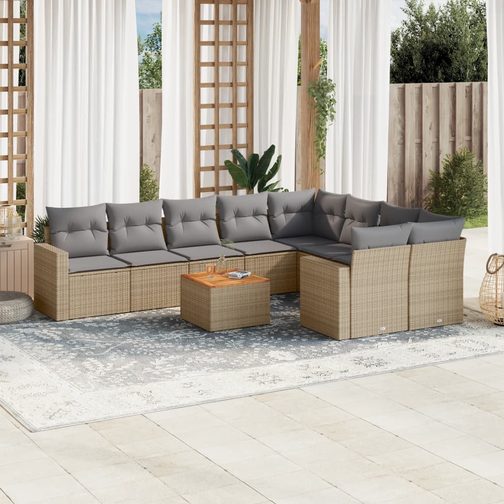 Salon de jardin et coussins 10 pcs mélange beige résine tressée