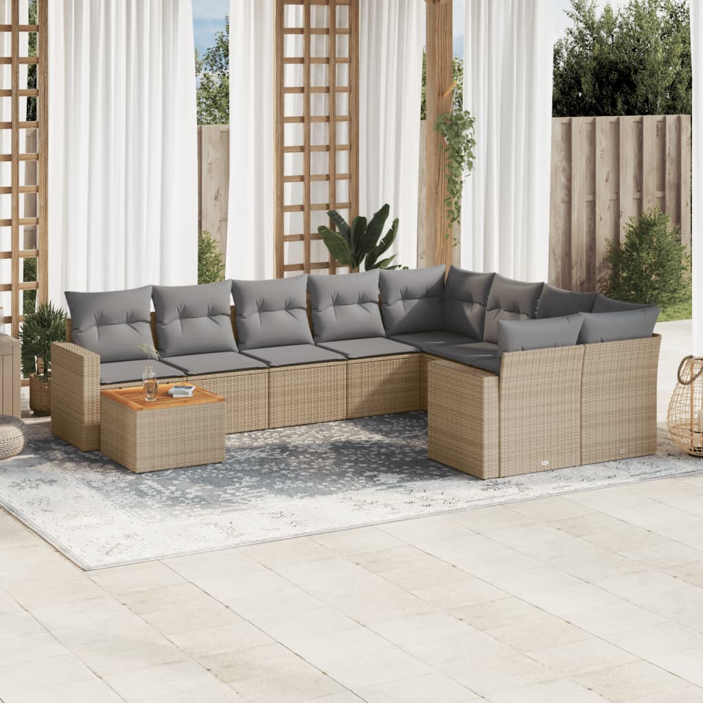 Salon de jardin et coussins 10 pcs mélange beige résine tressée