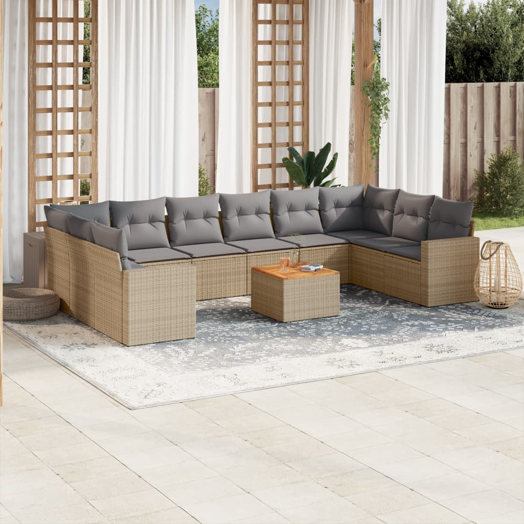 Salon de jardin et coussins 11 pcs mélange beige résine tressée