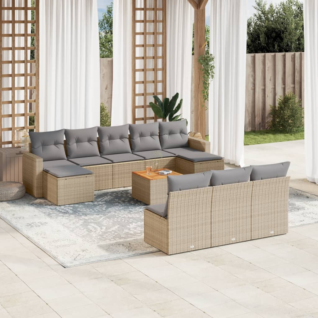 Salon de jardin et coussins 11 pcs mélange beige résine tressée