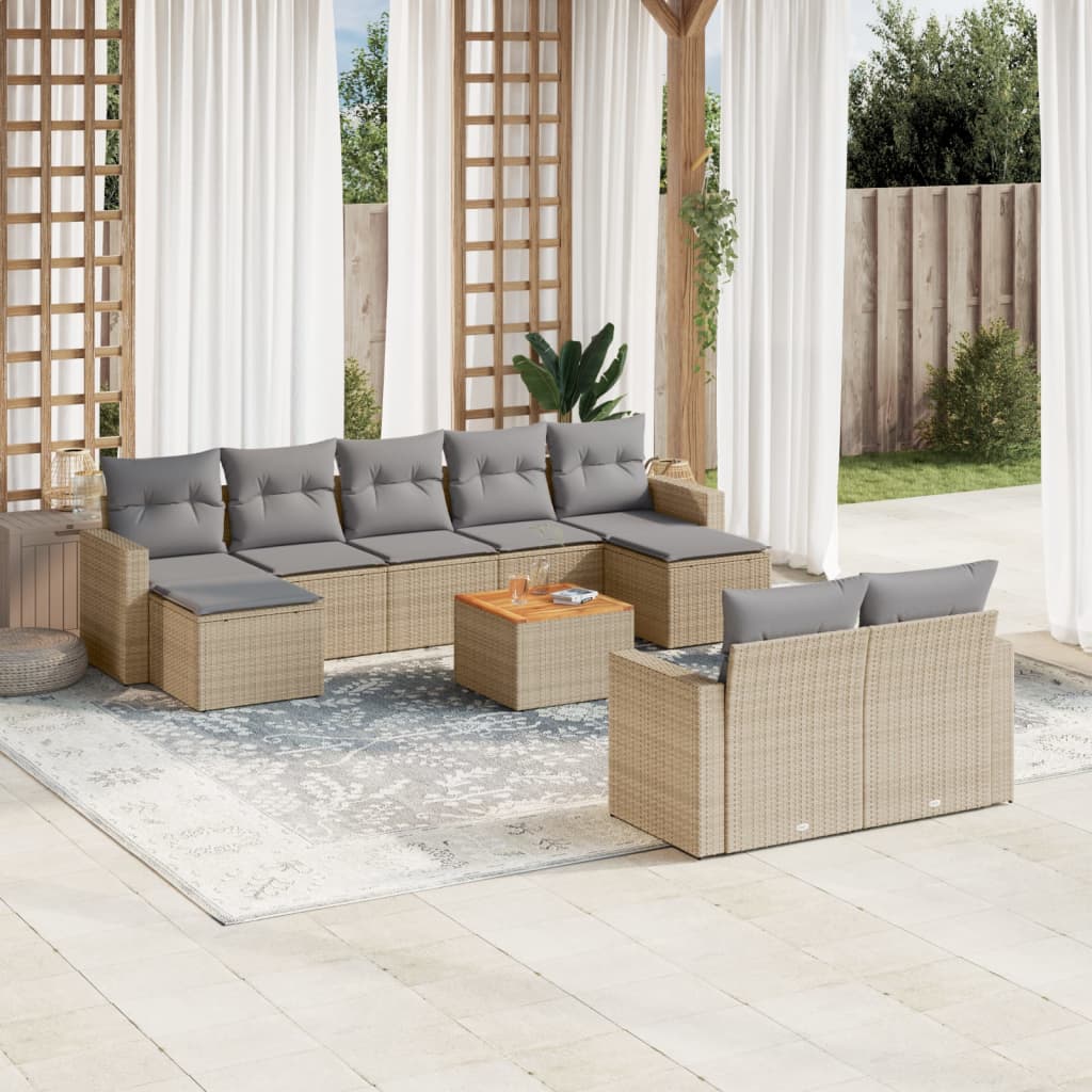 Salon de jardin et coussins 10 pcs mélange beige résine tressée