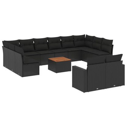 Salon de jardin avec coussins 13 pcs noir résine tressée