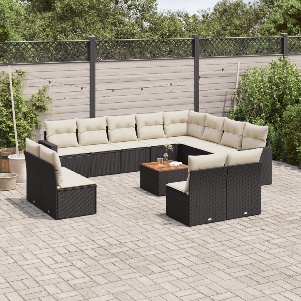 Salon de jardin avec coussins 13 pcs noir résine tressée