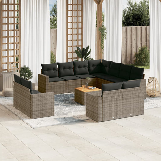 Salon de jardin avec coussins 12 pcs gris résine tressée