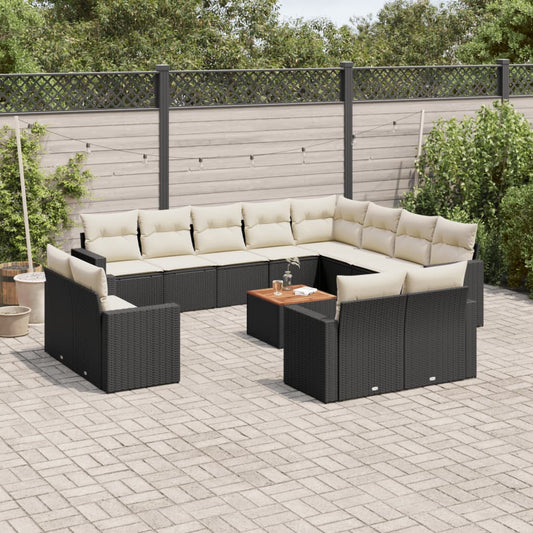 Salon de jardin avec coussins 13 pcs noir résine tressée