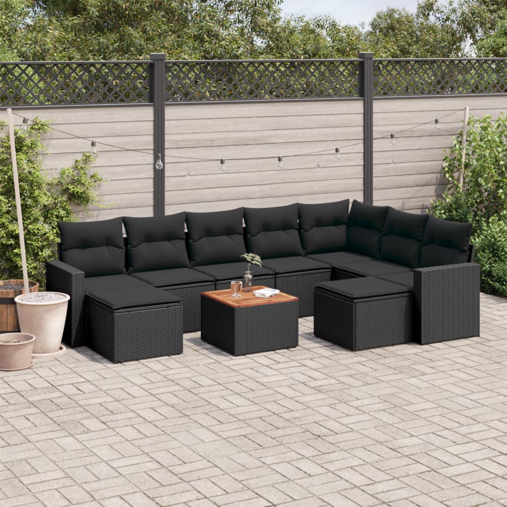 Salon de jardin 10 pcs avec coussins noir résine tressée