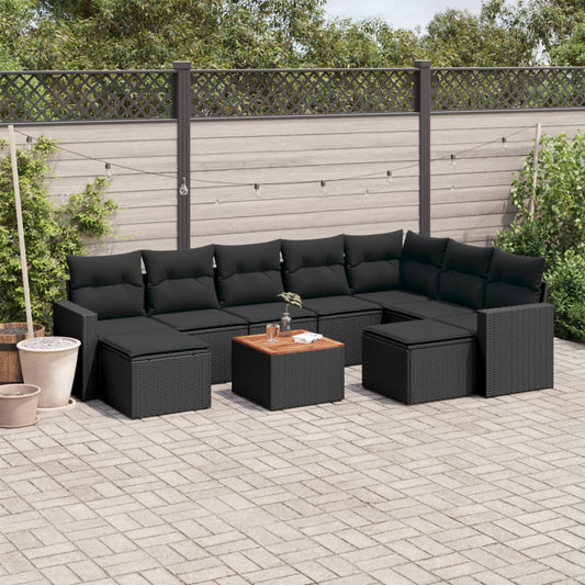 Salon de jardin 10 pcs avec coussins noir résine tressée