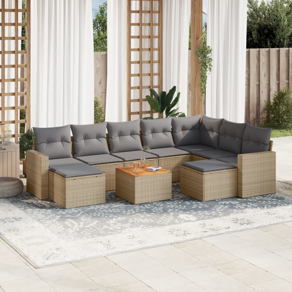 Salon de jardin et coussins 10 pcs mélange beige résine tressée