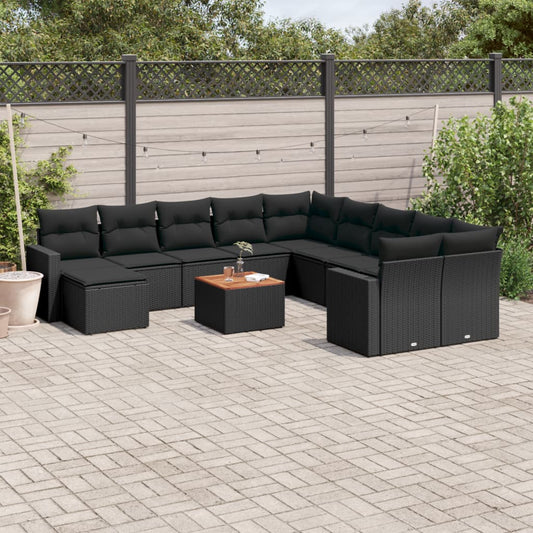 Salon de jardin 12 pcs avec coussins noir résine tressée