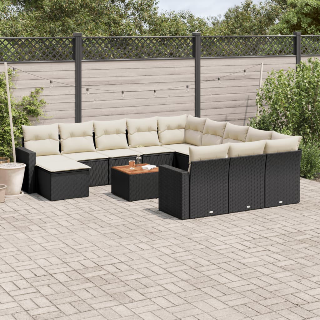 Salon de jardin avec coussins 13 pcs noir résine tressée