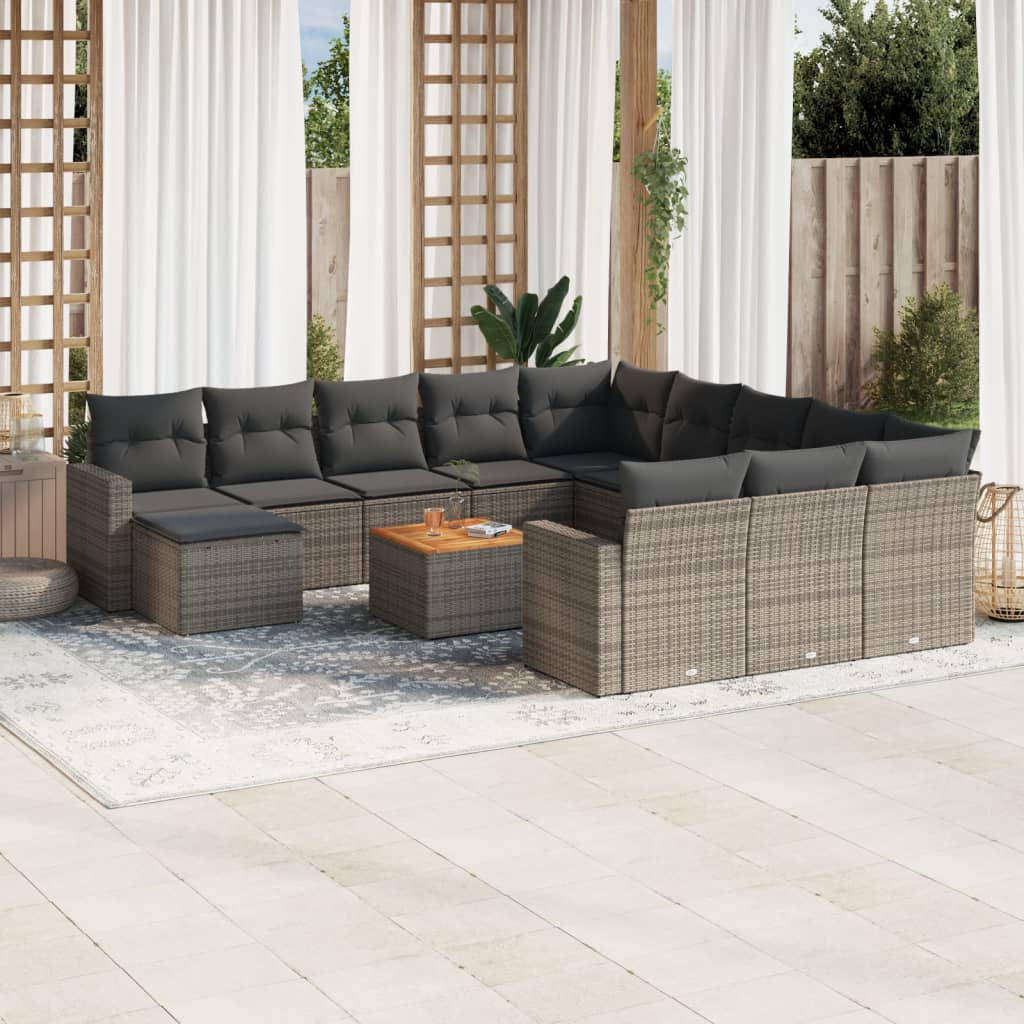 Salon de jardin avec coussins 13 pcs gris résine tressée