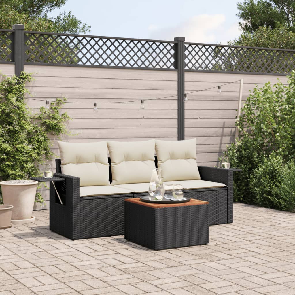 Salon de jardin 4 pcs avec coussins noir résine tressée