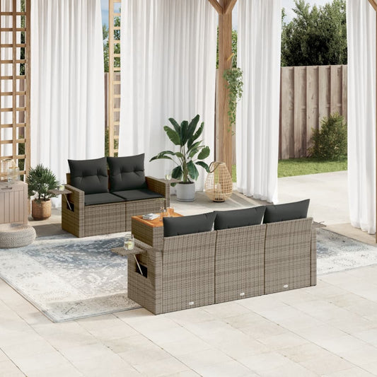 Salon de jardin 6 pcs avec coussins gris résine tressée