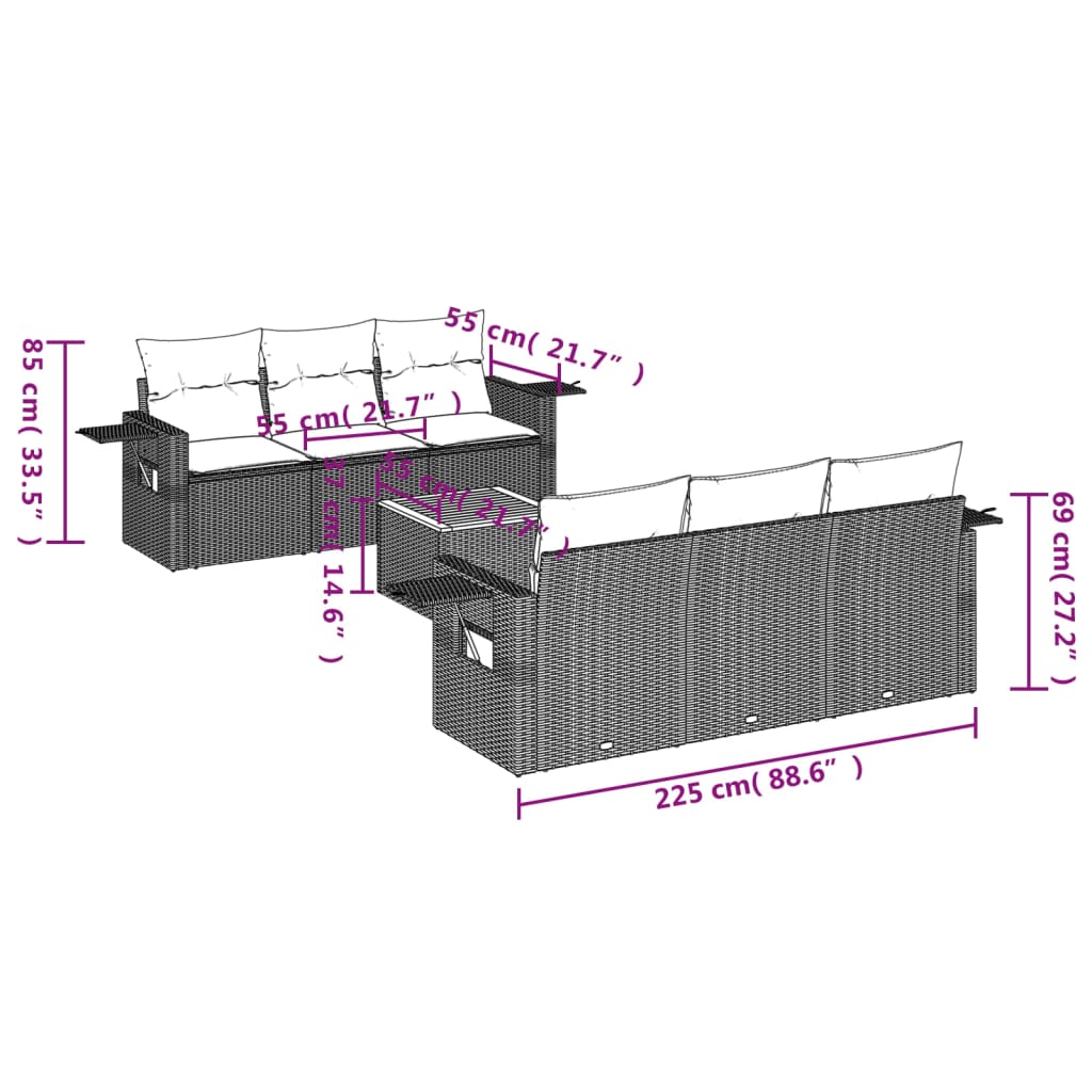 Salon de jardin avec coussins 7 pcs gris résine tressée