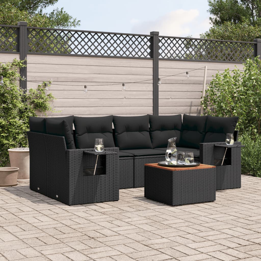 Salon de jardin 7 pcs avec coussins noir résine tressée