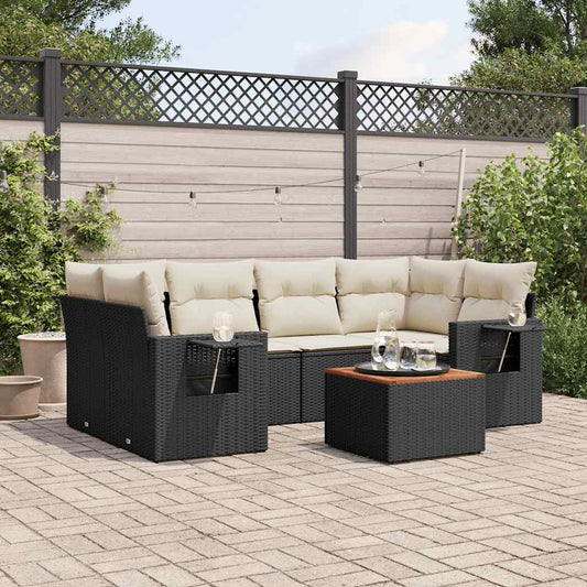 Salon de jardin 7 pcs avec coussins noir résine tressée