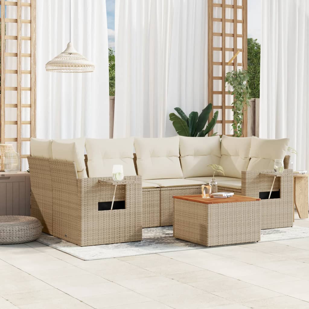 Salon de jardin avec coussins 7 pcs beige résine tressée