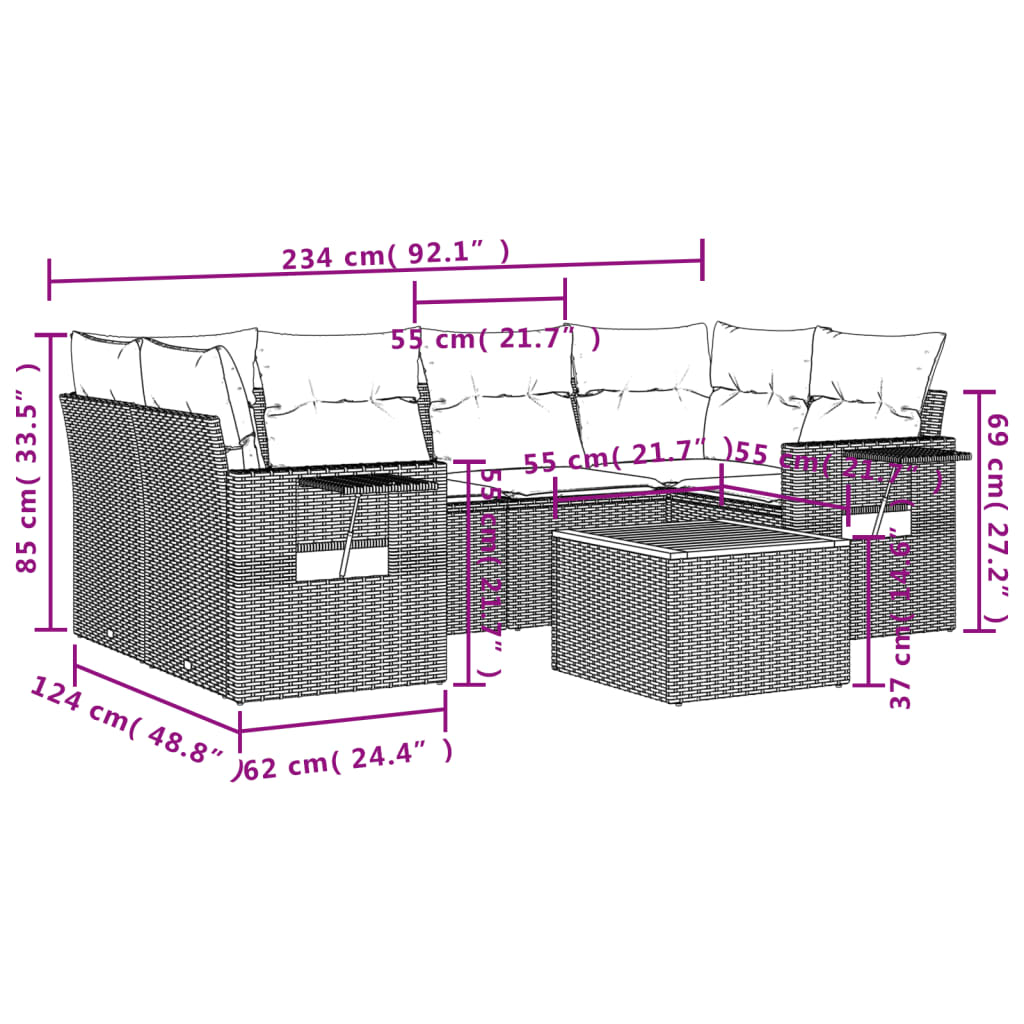 Salon de jardin avec coussins 7 pcs gris résine tressée