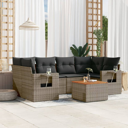 Salon de jardin avec coussins 7 pcs gris résine tressée