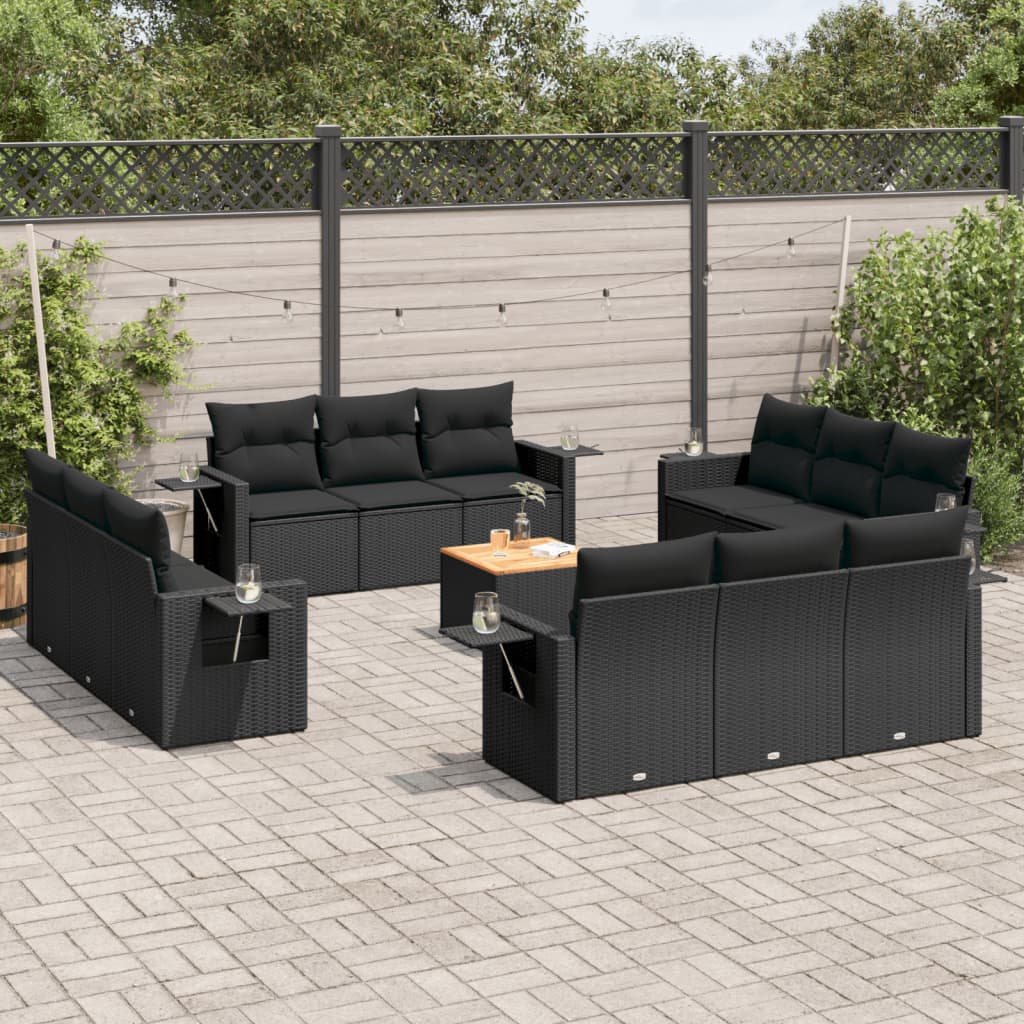 Salon de jardin avec coussins 13 pcs noir résine tressée