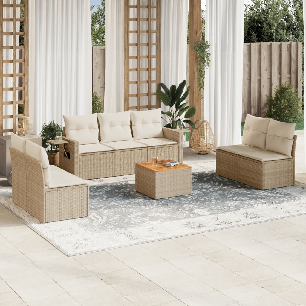 Salon de jardin avec coussins 8 pcs beige résine tressée