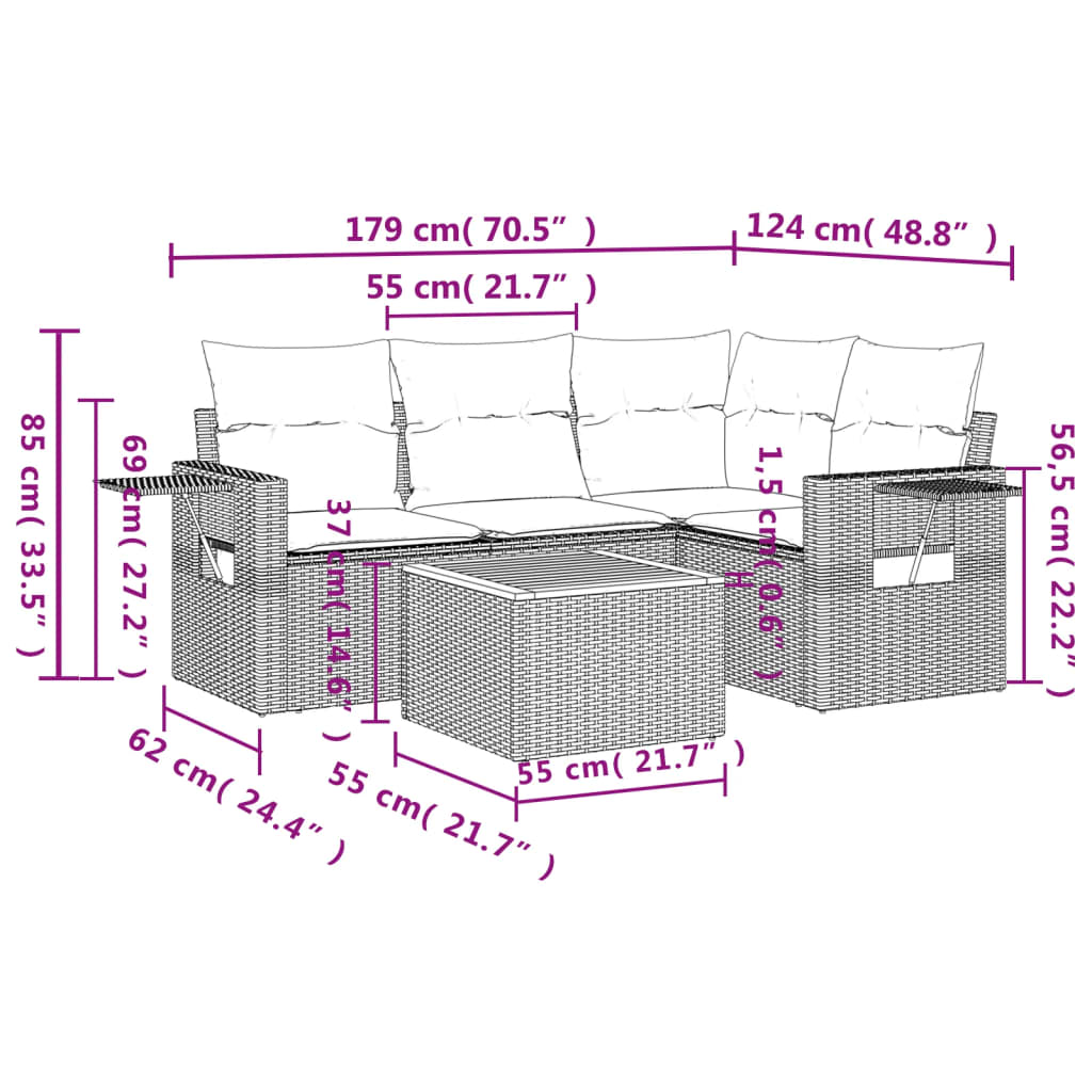 Salon de jardin avec coussins 5 pcs beige résine tressée