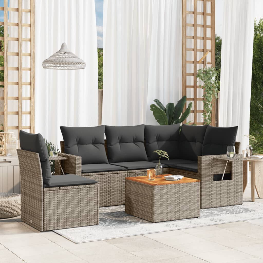 Salon de jardin 6 pcs avec coussins gris résine tressée