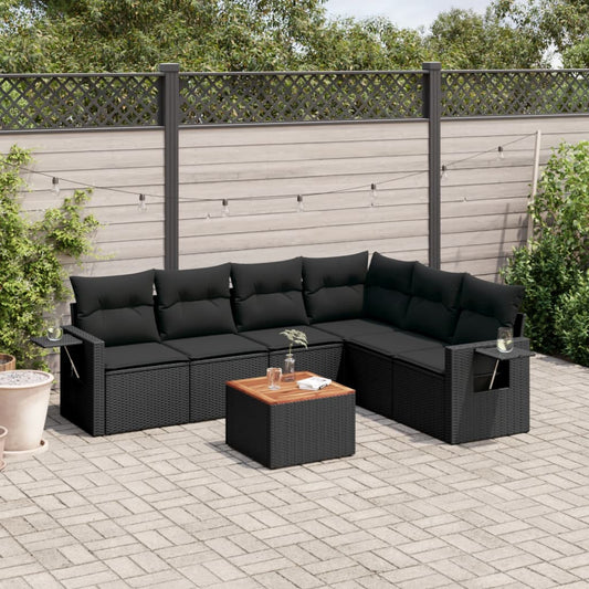 Salon de jardin 7 pcs avec coussins noir résine tressée