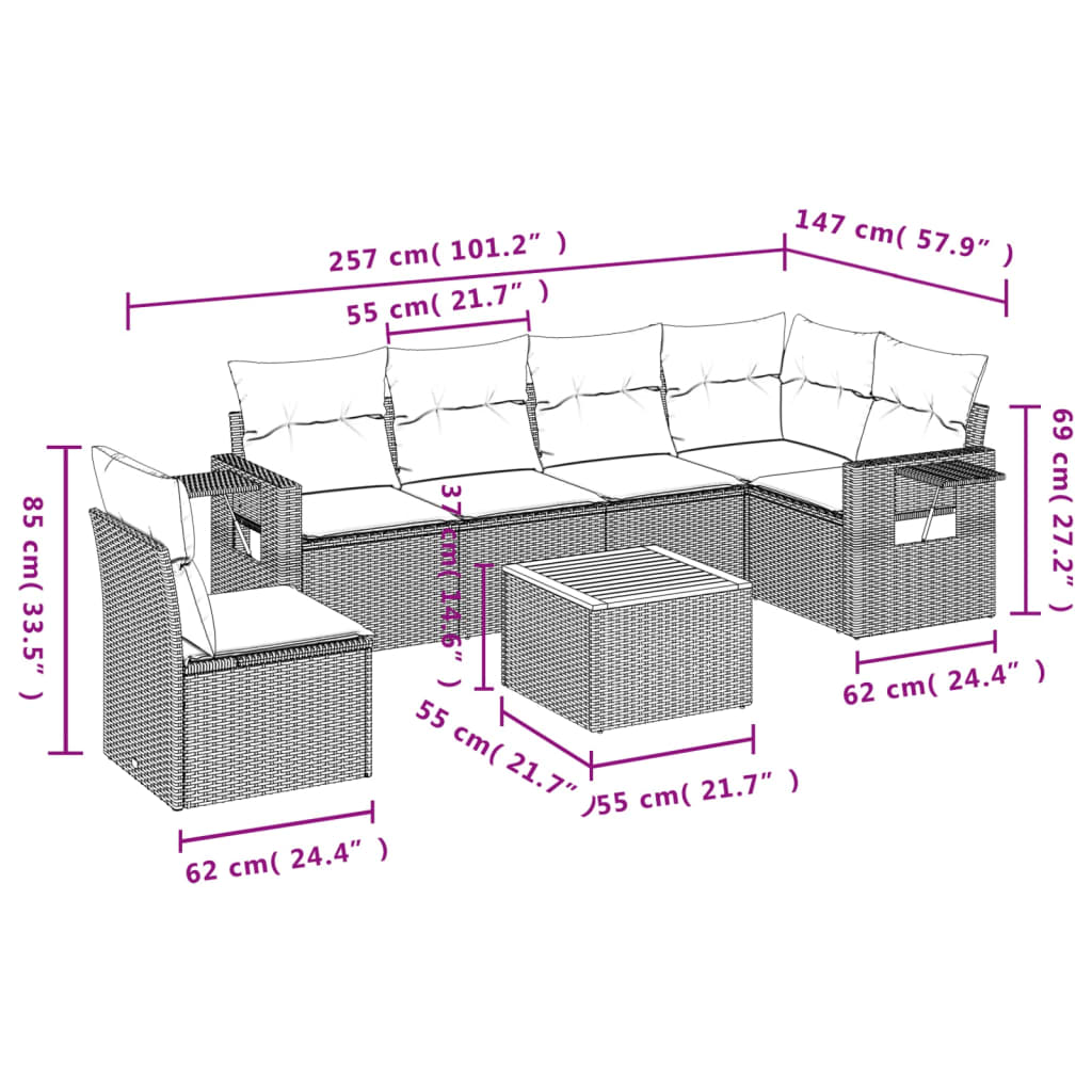 Salon de jardin avec coussins 7 pcs gris résine tressée