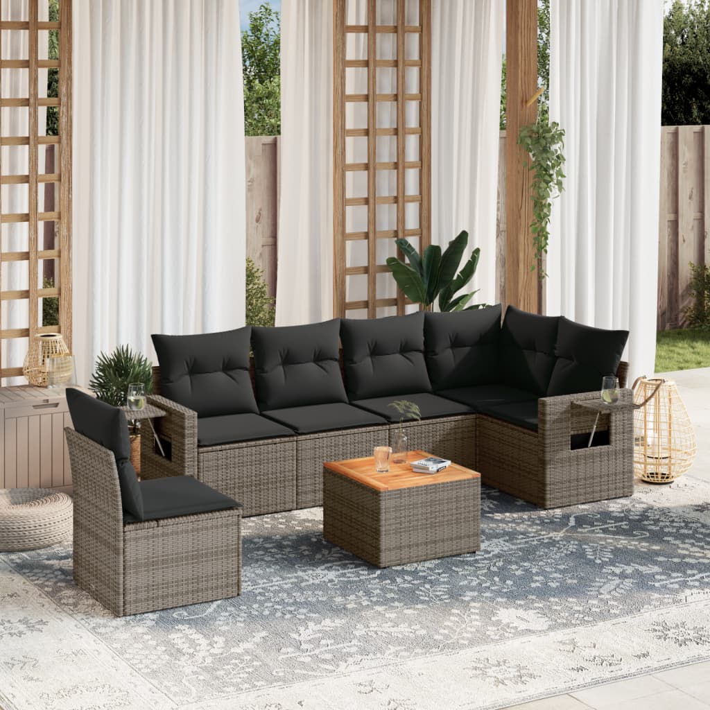 Salon de jardin avec coussins 7 pcs gris résine tressée