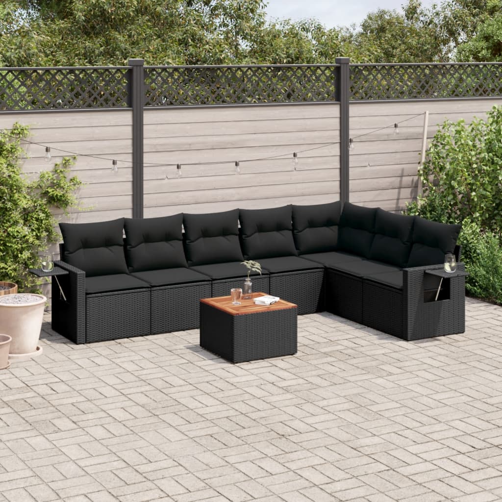 Salon de jardin 8 pcs avec coussins noir résine tressée