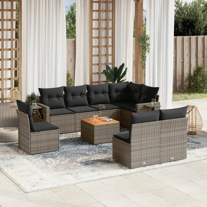 Salon de jardin 9 pcs avec coussins gris résine tressée