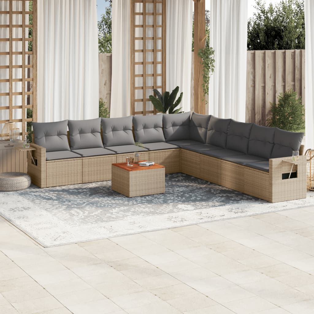 Salon de jardin et coussins 10 pcs mélange beige résine tressée