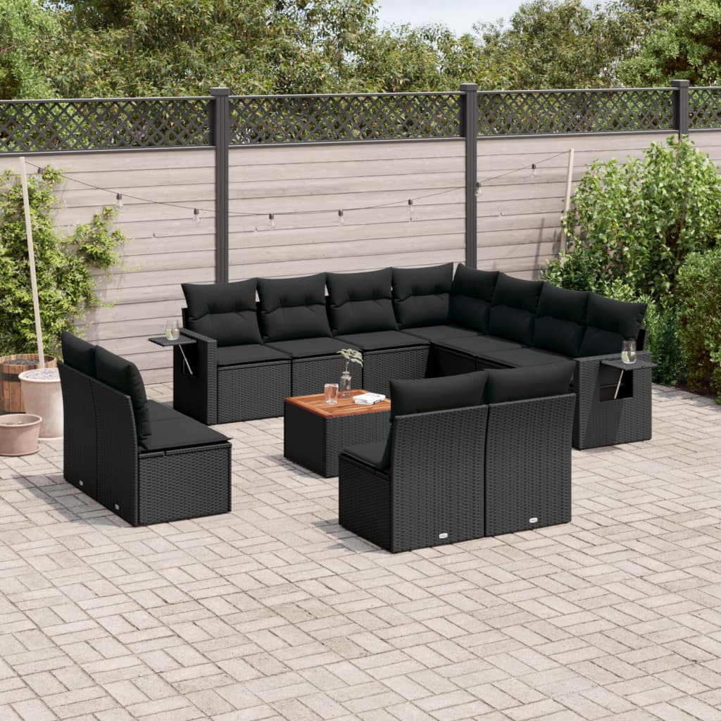 Salon de jardin 12 pcs avec coussins noir résine tressée