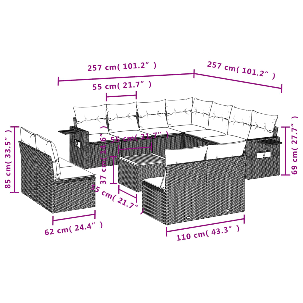 Salon de jardin 12 pcs avec coussins noir résine tressée