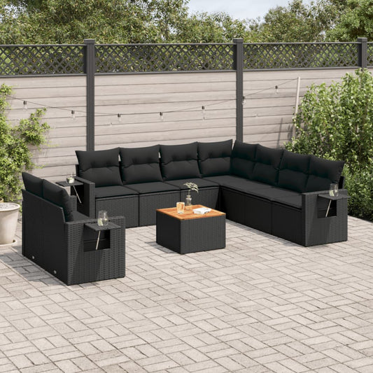 Salon de jardin 10 pcs avec coussins noir résine tressée