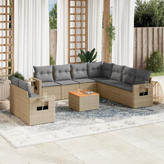 Salon de jardin et coussins 10 pcs mélange beige résine tressée